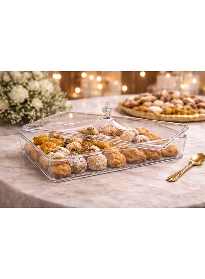 بن شيهون ✨ علبة تقديم أكريليك شفافة بغطاء فاخر – مقاس 40×27×7 سم | مثالية للحلويات والضيافة الراقية 🍰 - Image 1